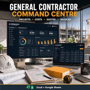 May include: A digital dashboard titled General Contractor Command Centre displayed on a computer monitor and laptop, featuring project data, costs, quotes, and invoices. Includes a white hard hat, rolled blueprints, a building permit, and a calculator.