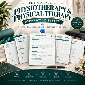 Puede incluir: Una colección de formularios profesionales de fisioterapia y terapia física, que incluye registro de pacientes, historial médico, evaluación inicial, planes de tratamiento, notas de progreso, programas de ejercicios en casa y resúmenes de alta.
