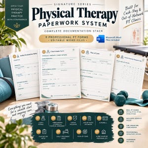 May include: A physical therapy paperwork system featuring nine professional forms in editable Microsoft Word files. The documents include a client intake form, initial evaluation note, plan of care, and home exercise program log with clear headings.