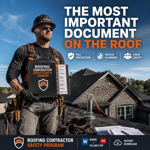 May include: A black binder titled Roofing Contractor Safety & Health Program with an orange shield logo. The text reads The Most Important Document On The Roof, Fall Protection, Rescue Planning, and Crew Safety. It includes Word and PDF icons.