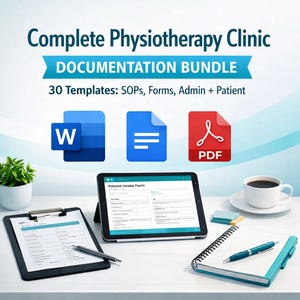 Könnte beinhalten: Bild eines vollständigen Physiotherapie-Klinik-Dokumentationspakets. Das Bild zeigt einen Klemmbrett, ein Tablet und einen Notizblock mit einem Stift. Der Text lautet "30 Vorlagen: SOPs, Formulare, Admin + Patient". Es gibt eine Tasse Kaffee und eine kleine Pflanze.