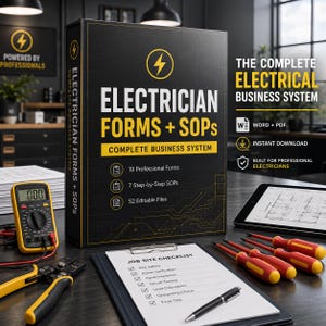 May include: A black binder titled Electrician Forms + SOPs with yellow text and a lightning bolt icon. It includes 19 professional forms, 7 step-by-step SOPs, and 52 editable files. Nearby are a digital multimeter, pliers, screwdrivers, and a checklist.