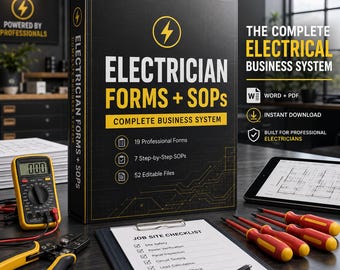 Pakiet formularzy dla elektryków, 19 formularzy terenowych i 7 standardowych procedur operacyjnych dla wykonawców instalacji elektrycznych, zawiera SWMS, edytowalny plik PDF w formacie Word