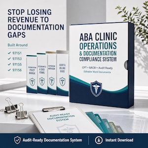 Könnte beinhalten: Ein weiß-dunkelblaues Ordnerset mit dem Titel ABA Clinic Operations & Documentation Compliance System. Enthält ein Richtlinienhandbuch, Sitzungsnotizen, ein Supervisionsarbeitsbuch und einen Audit-Leitfaden. Text: Stop Losing Revenue to Documentation Gaps.