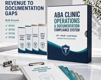 ABA Clinic Documentation Compliance System, Session Note Templates, RBT Supervision Tracker, Audit Readiness Guide, HIPAA Policy