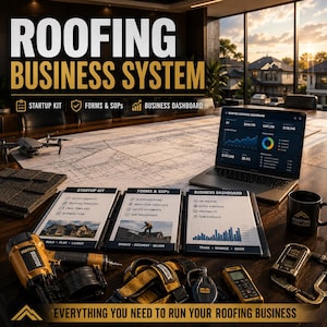 May include: A roofing business system kit featuring a laptop displaying a dashboard, three informational boards labeled Startup Kit, Forms & SOPs, and Business Dashboard, a nail gun, a drone, and a mug on a large wooden table with blueprints.