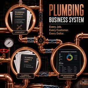 May include: A plumbing business system kit featuring copper pipes, a pressure gauge, and digital displays. The text reads Plumbing Business System, Every Job. Every Customer. Every Dollar., Plumbing Business Startup Kit, Plumbing Forms & SOPs, and Job Management Dashboard.