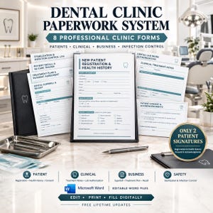 Può includere: Un sistema di documentazione per studio dentistico con 8 moduli professionali, tra cui registrazione pazienti, anamnesi, piani di trattamento e consensi. Include file Microsoft Word modificabili per uso digitale o stampa.