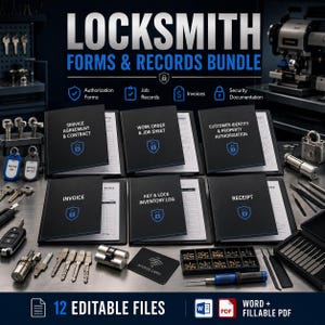 May include: A locksmith forms and records bundle featuring 12 editable files in Word and fillable PDF formats. The set includes black folders labelled Service Agreement, Work Order, Customer Identity, Invoice, Inventory Log, and Receipt.