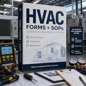 May include: A white box labelled HVAC FORMS + SOPs COMPLETE BUSINESS SYSTEM with 23 professional forms, 7 detailed SOPs, and 60 editable files. Beside it sits a digital HVAC gauge, a tablet, and a clipboard with an inspection document.