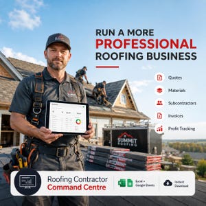 May include: A digital Roofing Contractor Command Centre dashboard for Excel and Google Sheets. The interface displays business metrics, quotes, materials, subcontractors, invoices, and profit tracking, designed to help manage a professional roofing business.