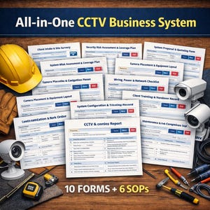 May include: An overhead shot of a collection of documents, tools, and security cameras. The documents are labeled with titles like "CCTV & certies Report" and "Camera Placement & Equipment Layout." A yellow hard hat and work gloves are visible.