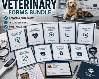 Pakiet formularzy i procedur operacyjnych dla klinik weterynaryjnych | Rejestracja pacjenta, zgoda na znieczulenie, dziennik substancji kontrolowanych | Szablony w formacie Word PDF
