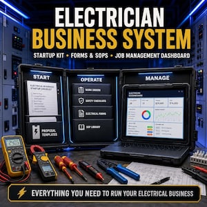 Könnte beinhalten: Ein Elektriker-Geschäftssystem-Set mit einem schwarzen dreiteiligen Koffer, der in die Bereiche Start, Operate und Manage unterteilt ist. Es enthält einen Laptop mit Dashboard-Anzeige, Angebotsvorlagen, Formulare, SOPs sowie Werkzeuge wie ein Multimeter und Schraubendreher.