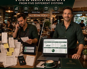 レストラン・カフェ業務コマンドセンター | POS配送照合原価トラッカーダッシュボード | Excel/Googleスプレッドシートダウンロード