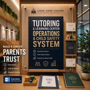 May include: A dark blue manual titled Tutoring & Learning Center Operations & Child Safety System, featuring gold text and icons. Includes an academic planner, progress tracking documents, and achievement certificates on a wooden display board.