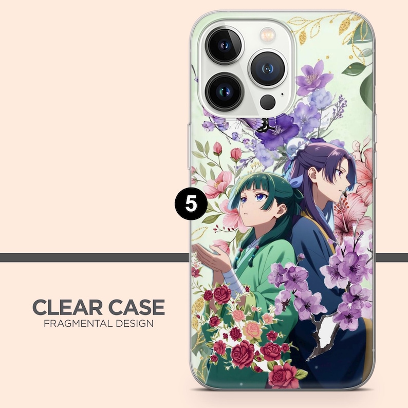 May include: Clear phone case with a floral design and anime characters. The case features a vibrant illustration of two anime figures surrounded by pink, purple, and red flowers. The text "CLEAR CASE FRAGMENTAL DESIGN" is visible.