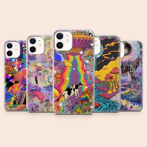 May include: Five smartphone cases arranged in a row, each featuring vibrant, multi-colored psychedelic graphic prints. Designs include a cow being abducted by a UFO, colorful mushrooms, swirling cosmic patterns, celestial bodies, and abstract art.