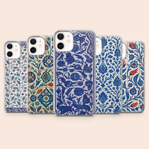 May include: A collection of five phone cases with intricate, colorful floral and geometric patterns. The cases feature a variety of designs in shades of blue, teal, orange, and white, showcasing a blend of traditional and modern aesthetics.