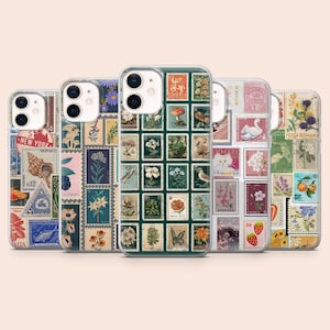 May include: A selection of clear phone cases adorned with vintage postage stamp designs. The stamps depict botanical illustrations, animals, and diverse locations. The cases are arranged in a row against a pale background.