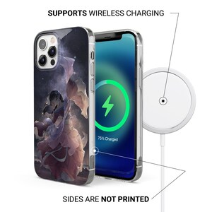 May include: Clear phone case featuring a vibrant anime-style illustration. The image shows a phone with a charging display and a white wireless charger. Text on the image reads: "SUPPORTS WIRELESS CHARGING" and "SIDES ARE NOT PRINTED."