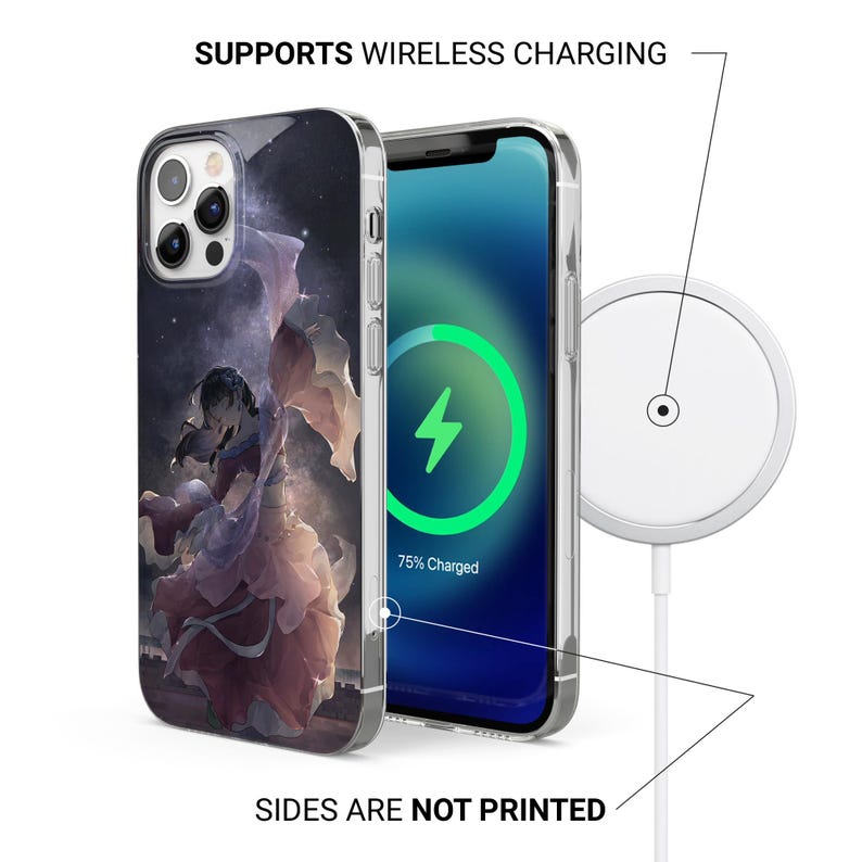 May include: Clear phone case featuring a vibrant anime-style illustration. The image shows a phone with a charging display and a white wireless charger. Text on the image reads: "SUPPORTS WIRELESS CHARGING" and "SIDES ARE NOT PRINTED."