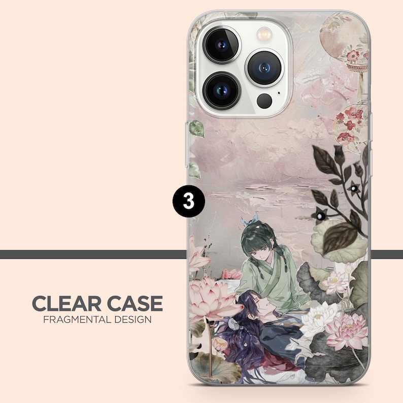May include: Clear phone case with a Fragmental Design. The case features an illustration of two figures in traditional clothing, surrounded by pink lotus flowers and foliage. The background has a soft, watercolour-like effect with pink and grey tones.