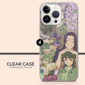 May include: Clear phone case with a fragmented design featuring an anime illustration. The design includes two characters, floral elements, and a soft colour palette of purples, greens, and whites. The case has a clear border.