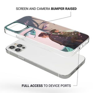 May include: Transparent phone case with an anime-style illustration of a character's eyes and a couple. The case is over a silver phone, with the text "SCREEN AND CAMERA BUMPER RAISED" and "FULL ACCESS TO DEVICE PORTS".
