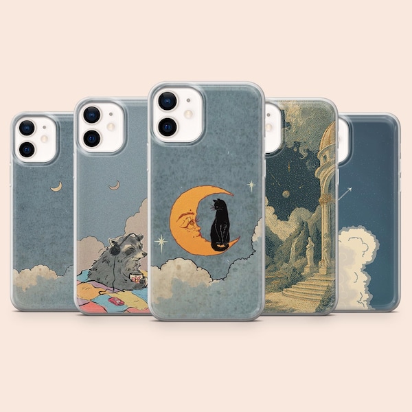 Clouds Phone Case Moon Cat Sky Cover for iPhone 17e, 16Pro, 15, 14, 13, 12, Samsung S26, S25, S24+, S23Fe, A16, A56, A55, Pixel 10A, 9Pro, 8