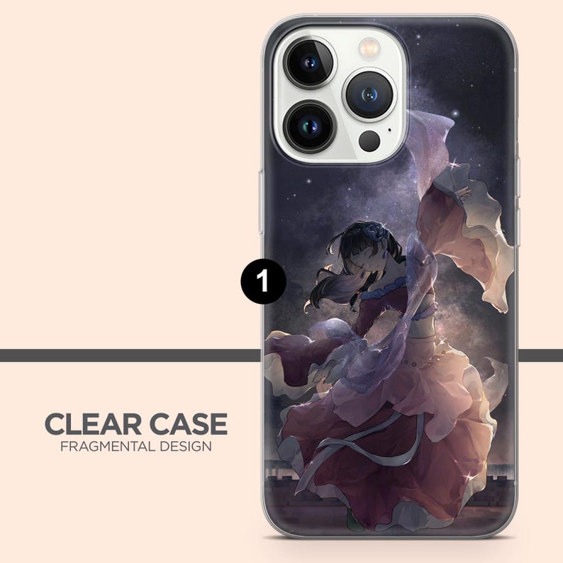 May include: Clear phone case with a Fragmental Design. The case features a vibrant illustration of a woman in a flowing dress, set against a starry night sky. The woman is in motion, with her dress billowing around her.