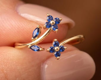 Waterproof Blue Flower Ring, Gold Forget Me Not Ring, September Birthstone Jewelry, Open Adjustable Ring, 18k Gold over S925 Floral Ring