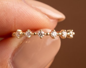 Waterproof Dainty Gold Stacking Ring with CZ Stones, Minimalist Gold Band, Thin Ring for Women, Delicate Everyday Jewelry, Gift for Her