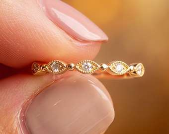 Waterproof Gold Milgrain Ring, Dainty Stackable Ring, S925 CZ Band, Waterproof Delicate Jewelry, Minimalist Marquise Ring, Gift for Her