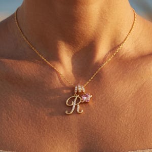 Gold Initial Necklace for Women, Personalized Letter Pendant with Pink Heart Saturn Charm, Custom Cursive Alphabet Jewelry, Gift for Her