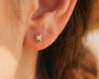 Waterproof  Vintage Style Opal Stud Earrings,Gold Filigree Flower Earrings,Delicate Opal Jewelry,Victorian Inspired Gift,October Birthstone