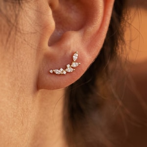 Waterproof Gold Vine Crawler,Dainty Marquise Cluster stud,  Laurel Leaf Crawler, Marquise CZ Earring, Bridal Ear Climber,Olive Leaf Earrings
