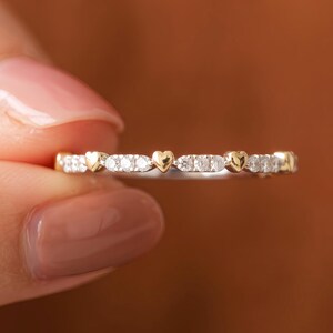 Waterproof Heart Eternity Ring -S925 Minimalist Stacking Band with Sparkling CZ - Personalized Romantic Gift for Her - Tiny Heart Ring