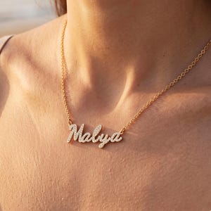 Custom Name Necklace, Sparkling Rhinestone Nameplate, Personalized Gold Script Necklace, Waterproof Silver Jewelry, Gift for Her
