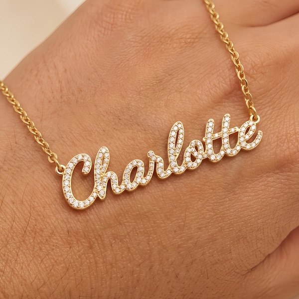 Personalized Name Necklace with Stones, 14K Gold Plated Silver Choker, Custom Sparkly Nameplate, Waterproof Gift for Best Friend