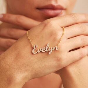 Personalized Name Necklace with Stones, 14K Gold Plated Silver Choker, Custom Sparkly Nameplate, Waterproof Gift for Best Friend image 5