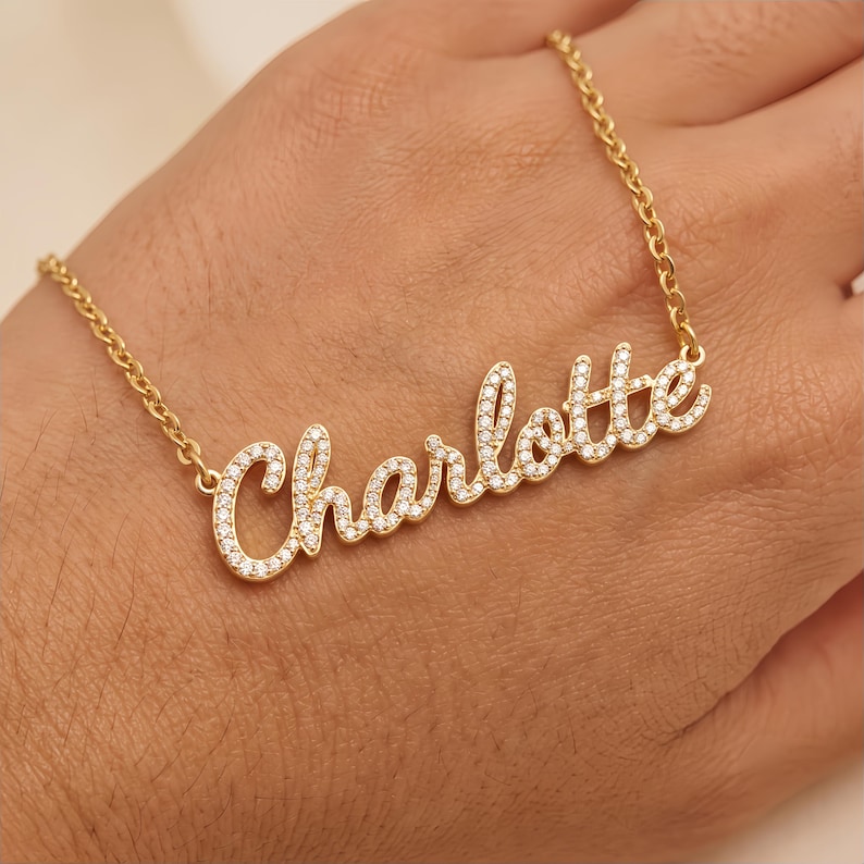 Personalized Name Necklace with Stones, 14K Gold Plated Silver Choker, Custom Sparkly Nameplate, Waterproof Gift for Best Friend image 1