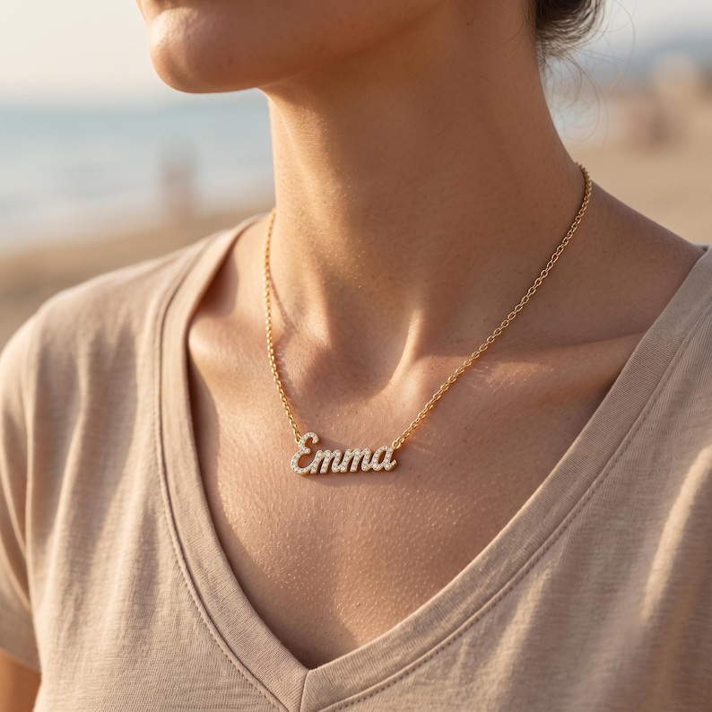 Personalized Name Necklace with Stones, 14K Gold Plated Silver Choker, Custom Sparkly Nameplate, Waterproof Gift for Best Friend image 8