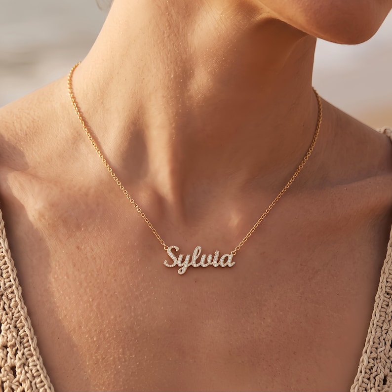 Personalized Name Necklace with Stones, 14K Gold Plated Silver Choker, Custom Sparkly Nameplate, Waterproof Gift for Best Friend image 9