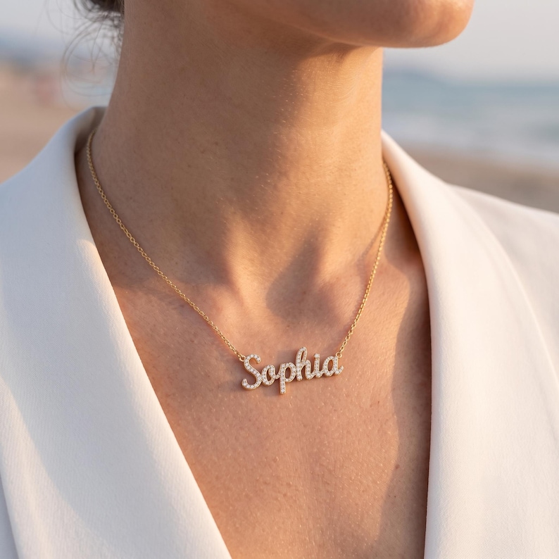 Personalized Name Necklace with Stones, 14K Gold Plated Silver Choker, Custom Sparkly Nameplate, Waterproof Gift for Best Friend image 6