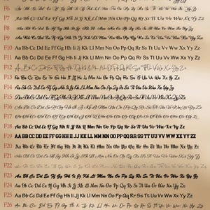 May include: A selection of handwritten alphabets and letter combinations in diverse fonts, presented on a light brown backdrop. The image exhibits a range of calligraphy styles, suitable for design inspiration.