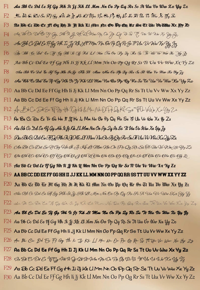 May include: A selection of handwritten alphabets and letter combinations in diverse fonts, presented on a light brown backdrop. The image exhibits a range of calligraphy styles, suitable for design inspiration.