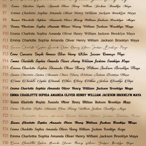 May include: A series of handwritten name samples, each displaying "Emma Charlotte Sophia Amanda Oliver Henry William Jackson Brooklyn Maya" in different fonts. The text is black on a tan background, showcasing calligraphy.