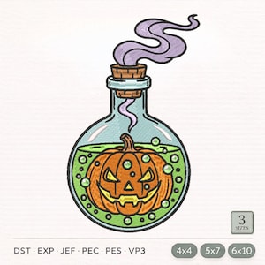 Op de afbeelding: Een borduurontwerp met een ronde glazen fles gevuld met felgroene vloeistof en een uitgesneden oranje pompoen erin. Een kurk zit bovenop met wervelende paarse rook die eruit komt. Tekst: DST, EXP, JEF, PEC, PES, VP3, 3 SIZES, 4x4, 5x7, 6x10.