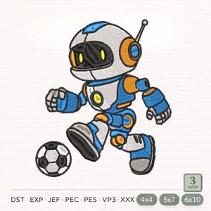 May include: Embroidered design of a robot playing soccer. The robot is primarily blue, white, and orange, with a black visor and antenna. The soccer ball is black and white. The image includes text indicating various file formats and sizes.